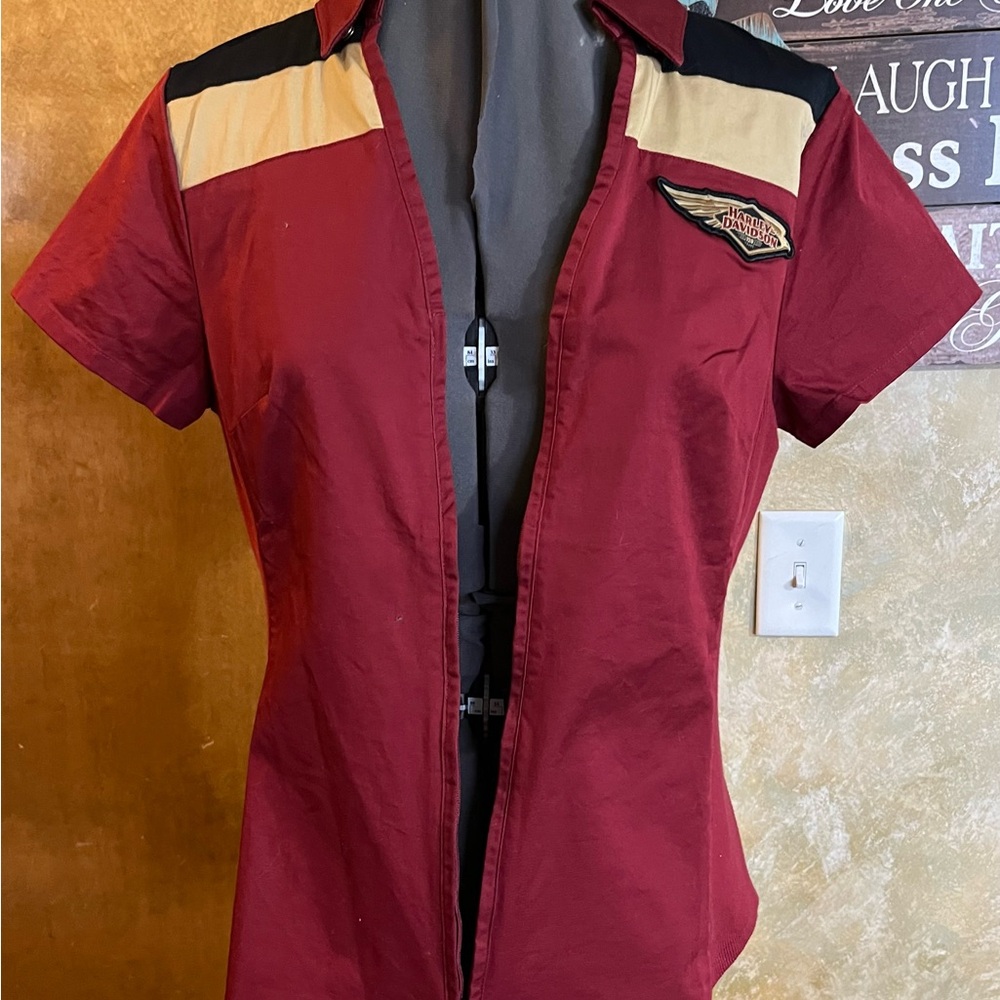 Red Short Sleeve Button-Up Shirt with Patch
